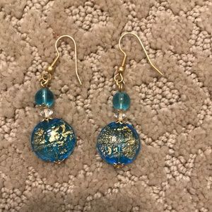 Cute teal and gold beaded wire earrings